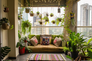 A cozy balcony transformed into a lush green oasis
