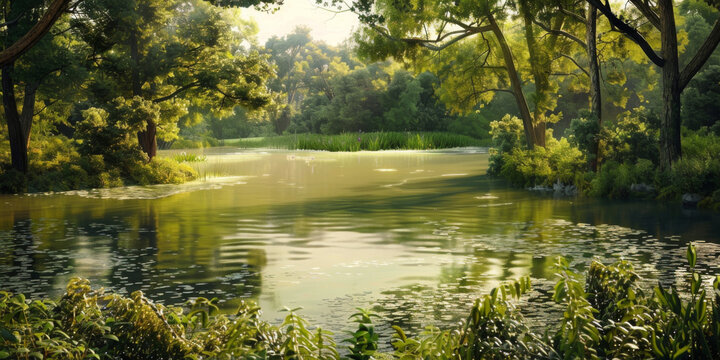 a large lake is surrounded by trees and green plant, generative AI