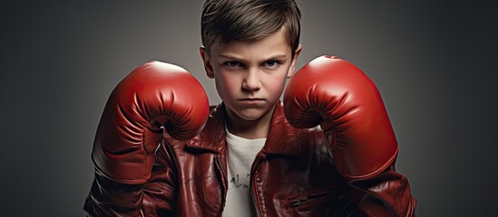 A man wearing a leather jacket and red boxing gloves, showcasing a determined expression. The background is light and minimalistic, putting the focus on the subjects outfit and attitude.