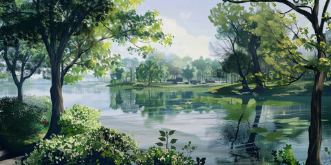 a large lake is surrounded by trees and green plant, generative AI