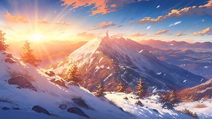 雪山山頂からの風景、夕日6 - obrazy, fototapety, plakaty