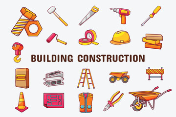 Building Construction Lineal Color Vector Illustration Icon Sticker Set Design Materials