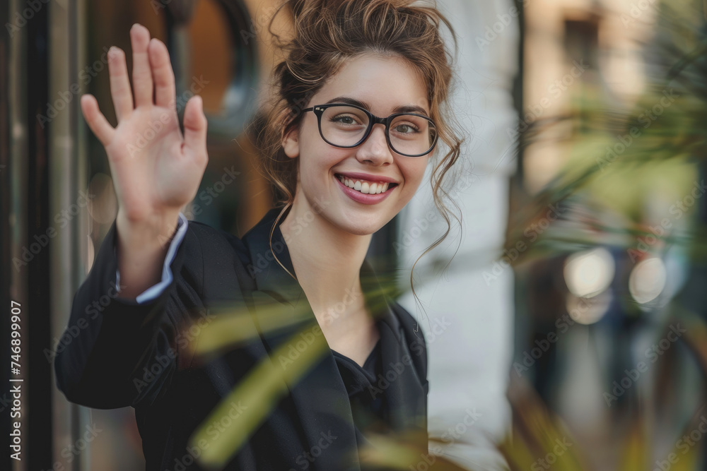 Poster Young business woman wearing suit waving hand saying hello happy and smiling