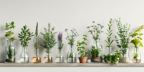 Assorted plants in test tubes and beakers on white backdrop science concept. Concept Science, Plants, Test Tubes, Beakers, White Backdrop