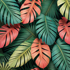 Tropical plant palm jungle background exotic print summer wallpaper leaves tropic seamless pattern. colorful