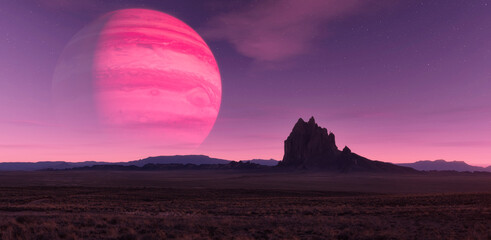 Sci-fi Scene of Alien Planet Rocky Terrain with Background Jupiter planet. 3d Rendering Artwork