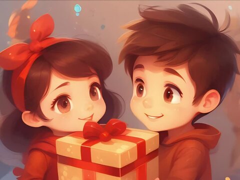 A boy gives a girl a gift. Boy and girl with a large gift box in their hands. Cartoon.