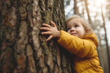 Child hugging tree, concept of Earth Day, environmental preservation.