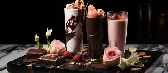 A table is adorned with three tall vases filled with rich, luxurious chocolate. The vases, filled to the brim with decadent chocolate, stand elegantly on the stylish marble podium.