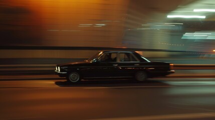 Fototapeta premium Car driving on freeway at sunset, motion blur