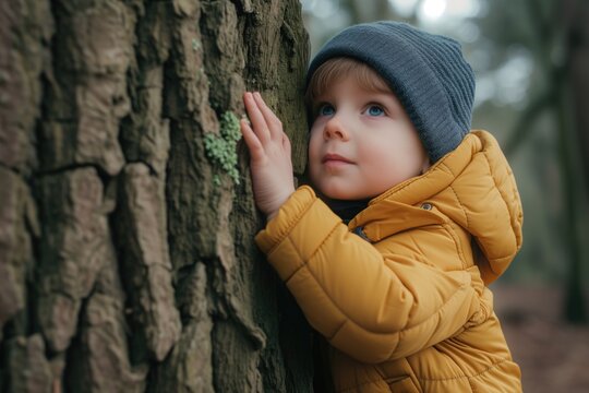 Child hugging tree, concept of Earth Day, environmental preservation.