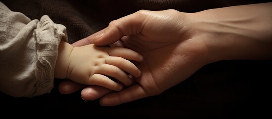 A close-up view of a person affectionately holding a newborn babys tiny hand in their own hand. The bond between the two is heartwarming and intimate.