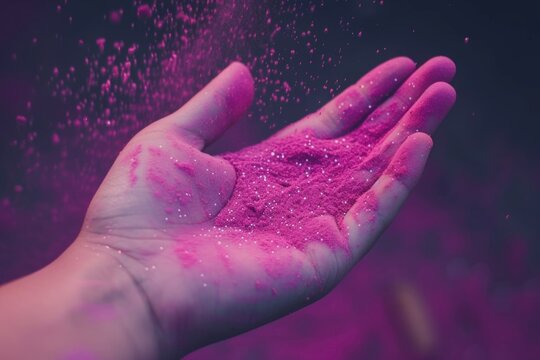 Mao with colored powder in pink color, Holi hai day concept.