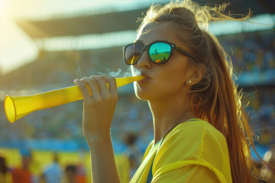 young woman blowing a vuvuzela during sports match at the stadium
