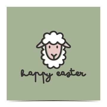 Minimalistic Easter greeting card, cover, poster, label, flyer, banner with a sheep lamb head on the green background