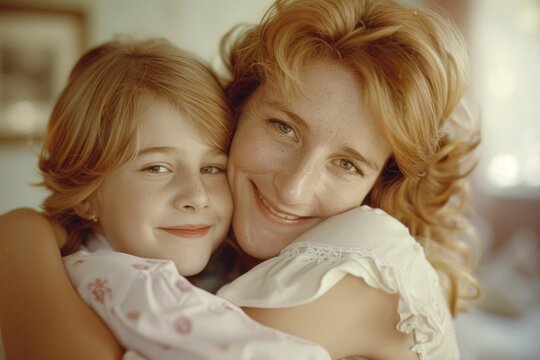 Mother hugging her smiling daughter, Mother's Day concept.