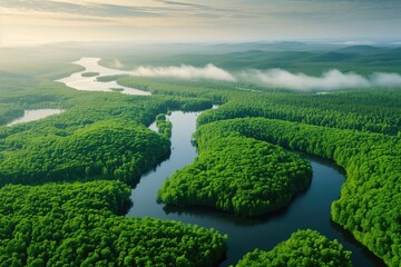 Aerial view of a forest with a river, concept of environmental preservation. - obrazy, fototapety, plakaty