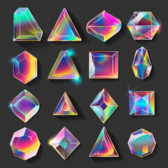 Set of holographic stickers of different shapes on a dark background. Illustration.