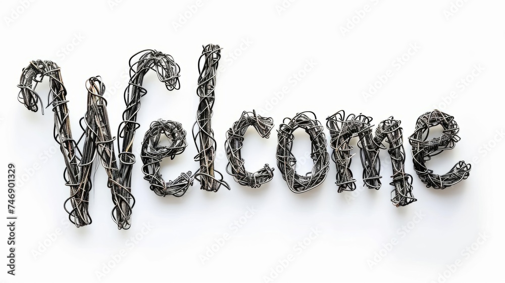 Wall mural The word Welcome isolated on white background made in Wire Lettering style. Decorative lettering of a word Welcome. Creative postcard. Ai Generated Digital art poster.