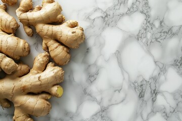 Ginger root, antioxidant and anti-inflammatory, white marble background.