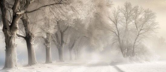 A black and white scene showing trees covered in snow, creating a stark and beautiful winter...