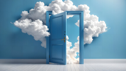 white fluffy clouds flying out the blue door - obrazy, fototapety, plakaty