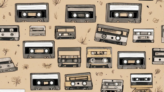 Cassettes on beige background. Vintage tapes tapestry. Music concept.