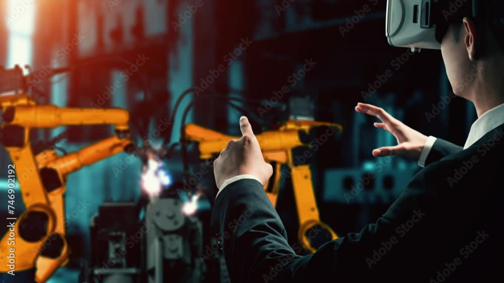 Poster xai engineer use cybernated robotic software to control industry robot arm in factory. automation ma