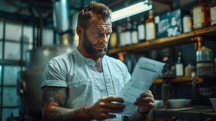 A serious-looking man sits attentively, engrossed in reading the documents he holds. His focused expression conveys the importance of the information he is processing - obrazy, fototapety, plakaty