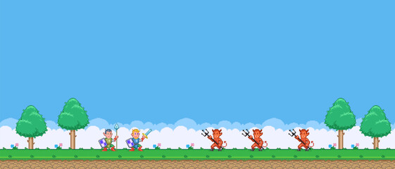 8bit colorful simple vector pixel art illustration of cartoon two knights templar against three demons with tridents in retro video game platformer level style