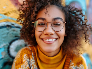 Joyful Woman with Curly Hair and Glasses - obrazy, fototapety, plakaty