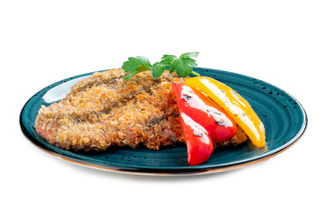 Golden fried breaded chicken schnitzel in a blue plate on a white background, chicken chop dishes