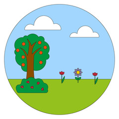 Creation day, nature scene. Tree with apples, blooming flowers. Peaceful garden illustration. Vector illustration. EPS 10.