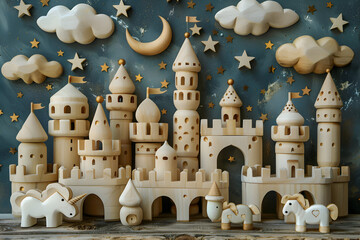 An enchanting display of fairy tale-themed wooden child toys under a starry night sky. - obrazy, fototapety, plakaty