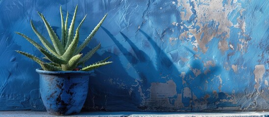 A potted Aloe Vera plant sits next to a blue wall. The plants spiky leaves contrast with the wall, adding a touch of green to the space.