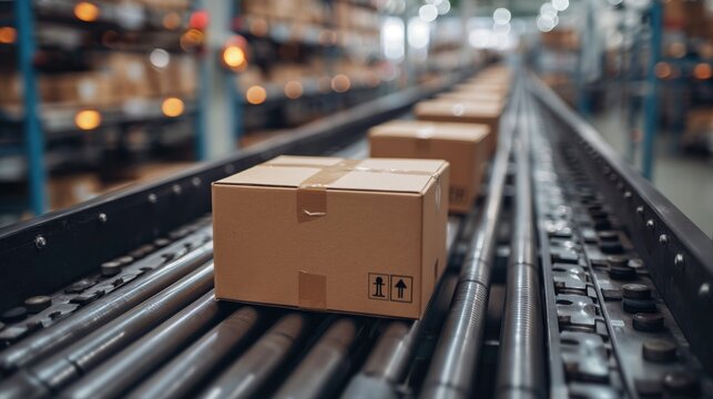 Cardboard boxes on conveyor rollers ready to be shipped by courier for distribution. Created with Generative AI.