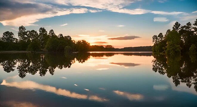 Sunset Reflections on Calm Lake Surface 