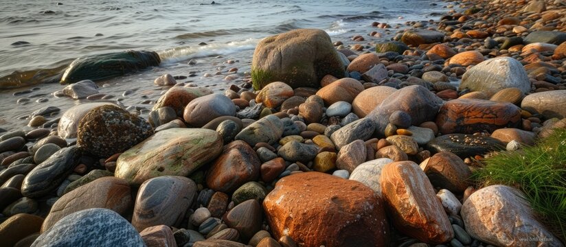 Numerous rocks of various shapes and sizes are seen arranged atop a sandy beach. Some rocks appear smooth and rounded, while others are jagged and rough, creating an interesting visual contrast