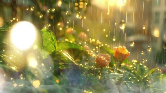sunshine in the raindrops. beautiful nature background in rainy season. seamless looping overlay 4k virtual video animation background