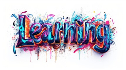 The word Learning isolated on white background made in Graffiti Calligraphy style. Decorative lettering of a word Learning. Creative postcard. Ai Generated Digital art poster.