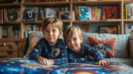 Twin Boys Reading a Space Book in Library.