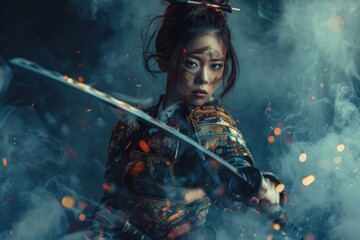 Japanese elegance as a beauty dons the regal attire of a samurai warrior, clutching a gleaming katana amidst a backdrop of darkness.