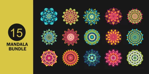 Photo sur Plexiglas Style bohème Set of 15 colourful mandala on black background