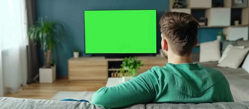 A Caucasian man sitting on the sofa in a modern room in the house watching TV with a green screen. Back or rearview. Leisure concept.