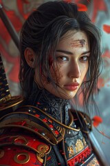 Japanese elegance as a beauty dons the regal attire of a samurai warrior, clutching a gleaming katana amidst a backdrop of darkness.