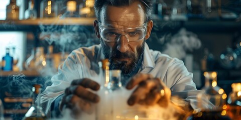 Scientist conducting chemical experiment in laboratory with erlenmeyer flask and reagents. Concept Chemical Experiment, Laboratory Setting, Erlenmeyer Flask, Reagents, Scientist