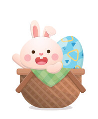 Playful rabbit mascot or character with easter eggs and wicker basket, joyful celebration, vector illustration