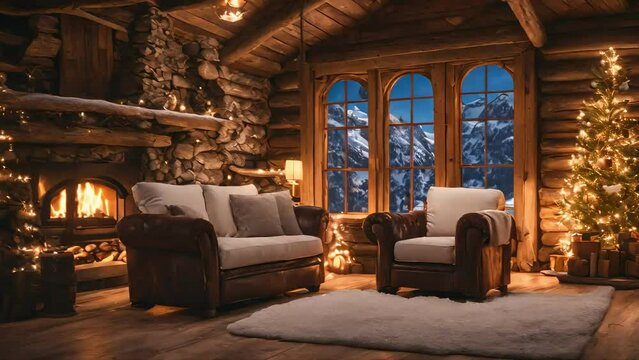 Cozy Living Room in a Snow-Covered Cabin with a Crackling Fireplace, relacing video, calming nature video, asmr video, relaxing nature, seamless looping 4k video, asmr, ambient videos.