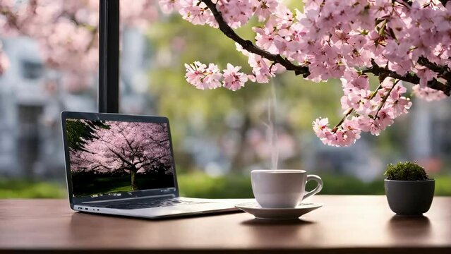 cup of coffee and a laptop by the window with a spring view. Seamless looping 4k time-lapse virtual video animation background, relaxing nature videos, ambient videos, calming videos