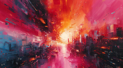 Painting of a city with a red sky and a bright sun